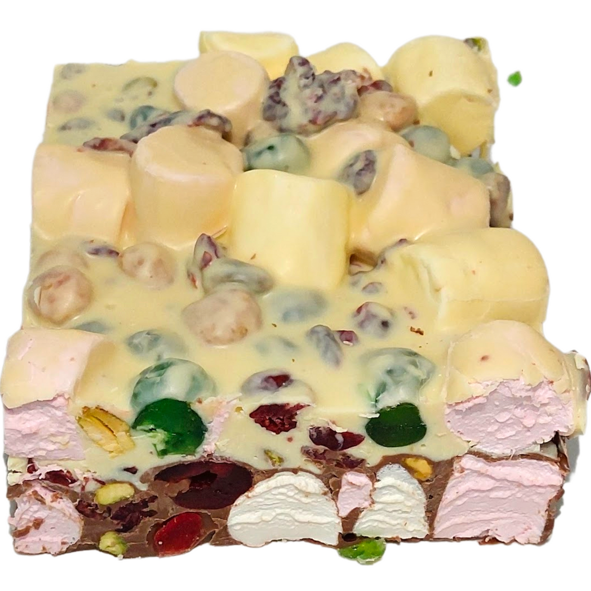 View from above of the Holiday Rocky Road Double Decker block showing its textured white chocolate topping, marshmallows, fruit and nuts.