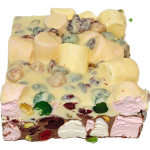View from above of the Holiday Rocky Road Double Decker block showing its textured white chocolate topping, marshmallows, fruit and nuts.