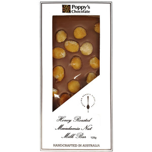 Poppy's Chocolate Honey Roasted Macadamias and Milk Chocolate Block 125g Luxury Handmade Chocolate Lollies