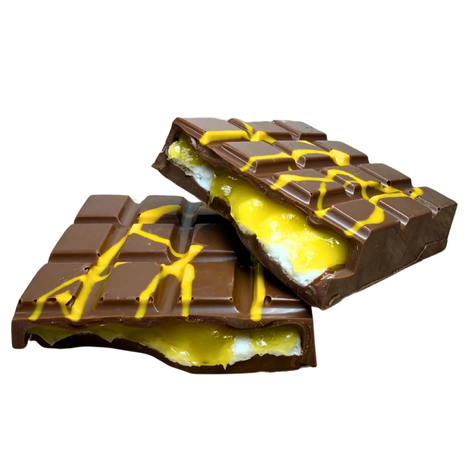 Two stacked chocolate bars with a bright yellow cream or caramel filling and yellow drizzle.