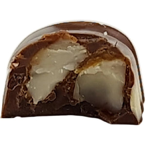 A close-up of a chocolate-covered confection with a bite taken out, showing a glossy dark brown chocolate exterior and creamy off-white filling against a plain white background.