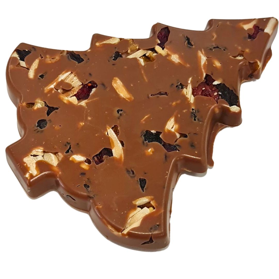 Angled close-up of the fruit and nut chocolate tree showing its surface and thickness.