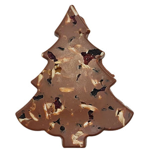 Nutcracker’s Delight milk chocolate Christmas tree with visible fruit and nut pieces, viewed from above