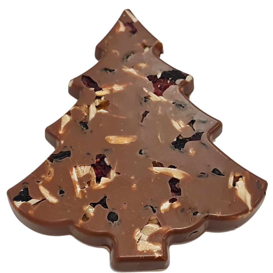 Nutcracker’s Delight chocolate tree viewed at a low angle on a white background.