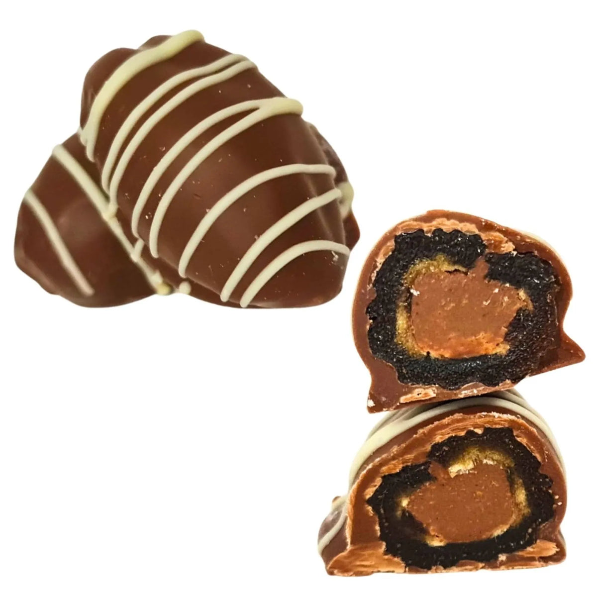 Chocolate-coated peanut crunch dates with white chocolate drizzle, shown whole and cut open.
