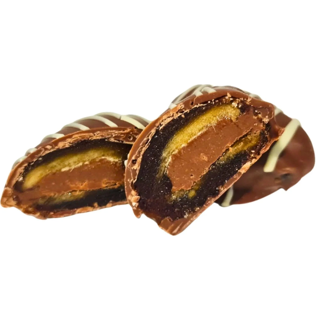 Chocolate-coated peanut crunch dates with white chocolate drizzle, shown whole and cut open.
