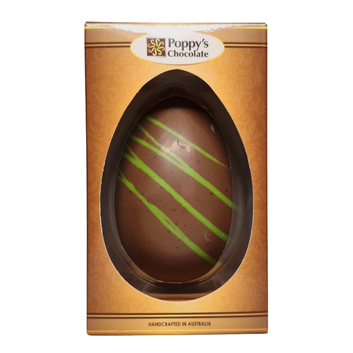 Peppermint Chocolate egg with green stripes in a 'Poppy's Chocolate' packaging on a white background