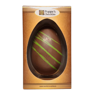 Peppermint Chocolate egg with green stripes in a 'Poppy's Chocolate' packaging on a white background