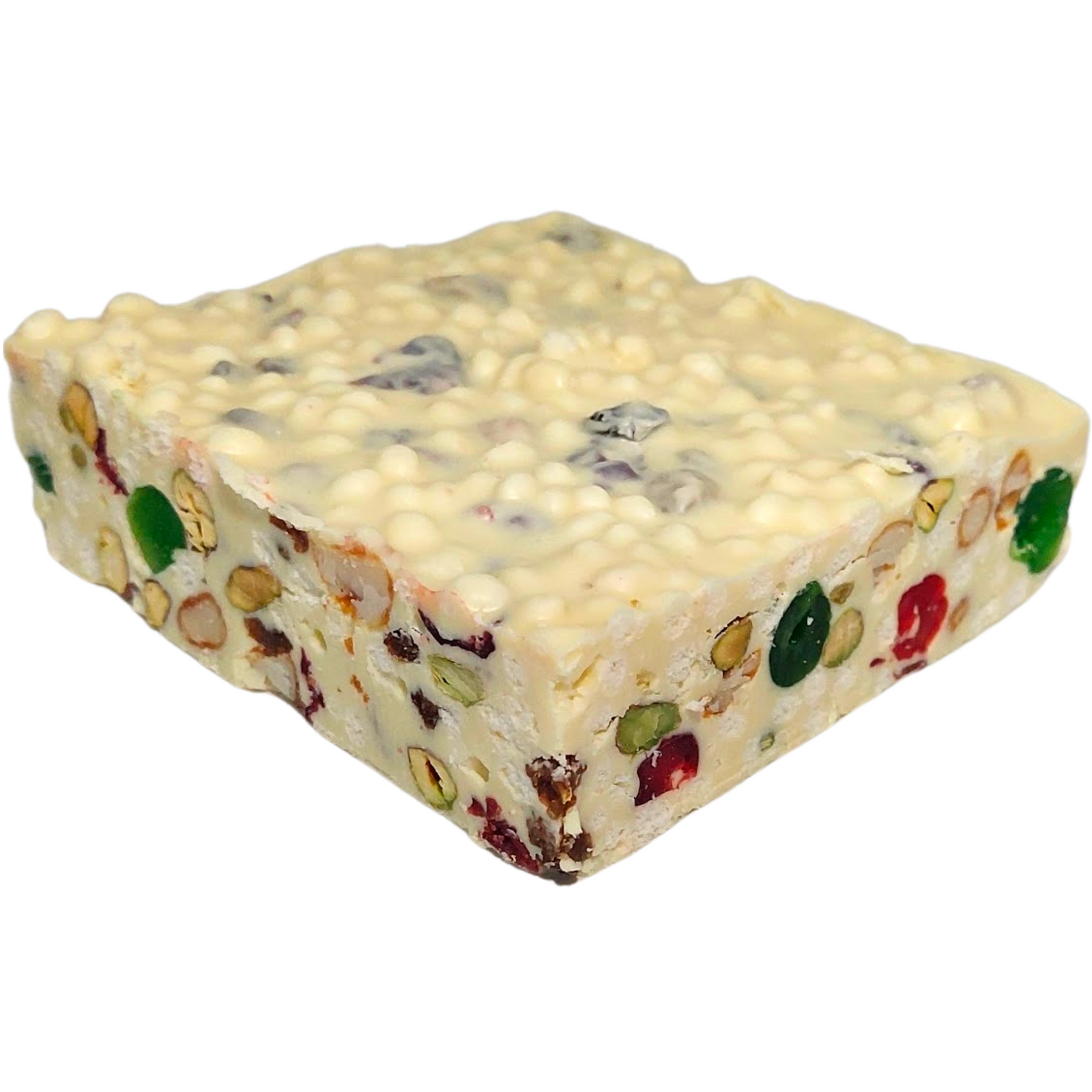 Front view of Poppy’s White Christmas 500g block showing fruit, nuts and rice puffs in white chocolate.