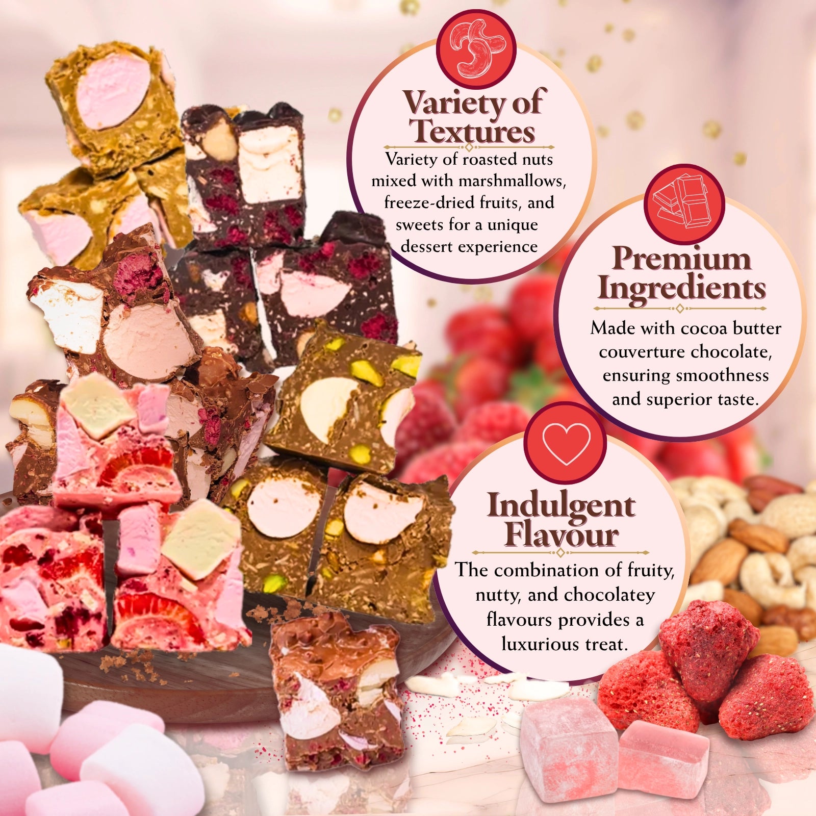 Nine different varieties of chocolate and marshmallow nut bars arranged in a 3x3 grid on a solid white background.