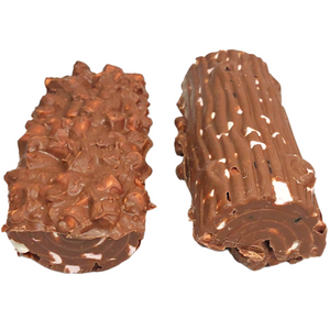 Rocky Road Christmas Log showing its textured surface and ridged chocolate exterior.