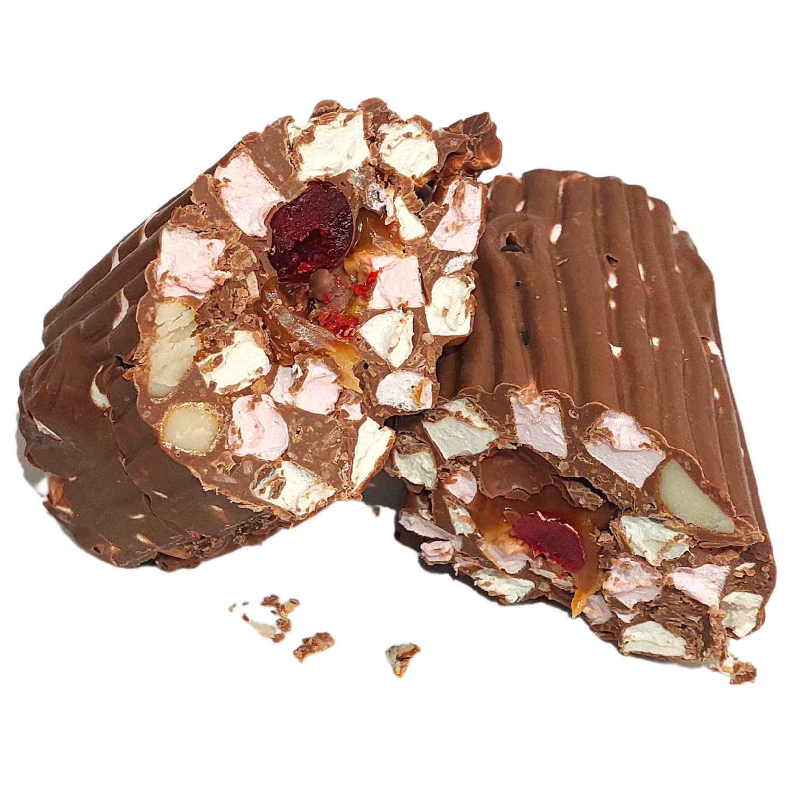Rocky Road Christmas Log showing its textured surface and ridged chocolate exterior.