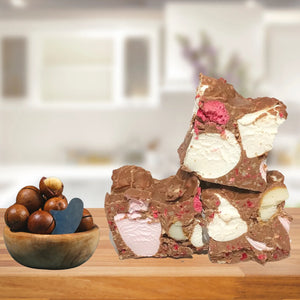 A raspberry and milk chocolate with macadamia