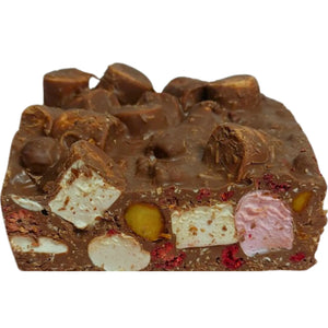 An image of Rocky Road with Raspberry, Macadamia, and Milk Chocolate.