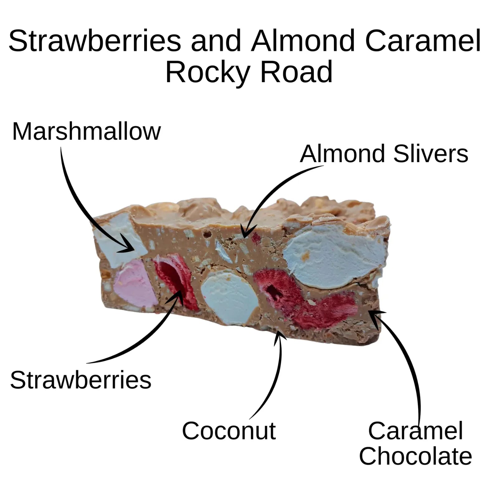 Poppy's Chocolate Rocky Road Strawberries and Almond Caramel Chocolate Block 500g Freeze Dried Lollies