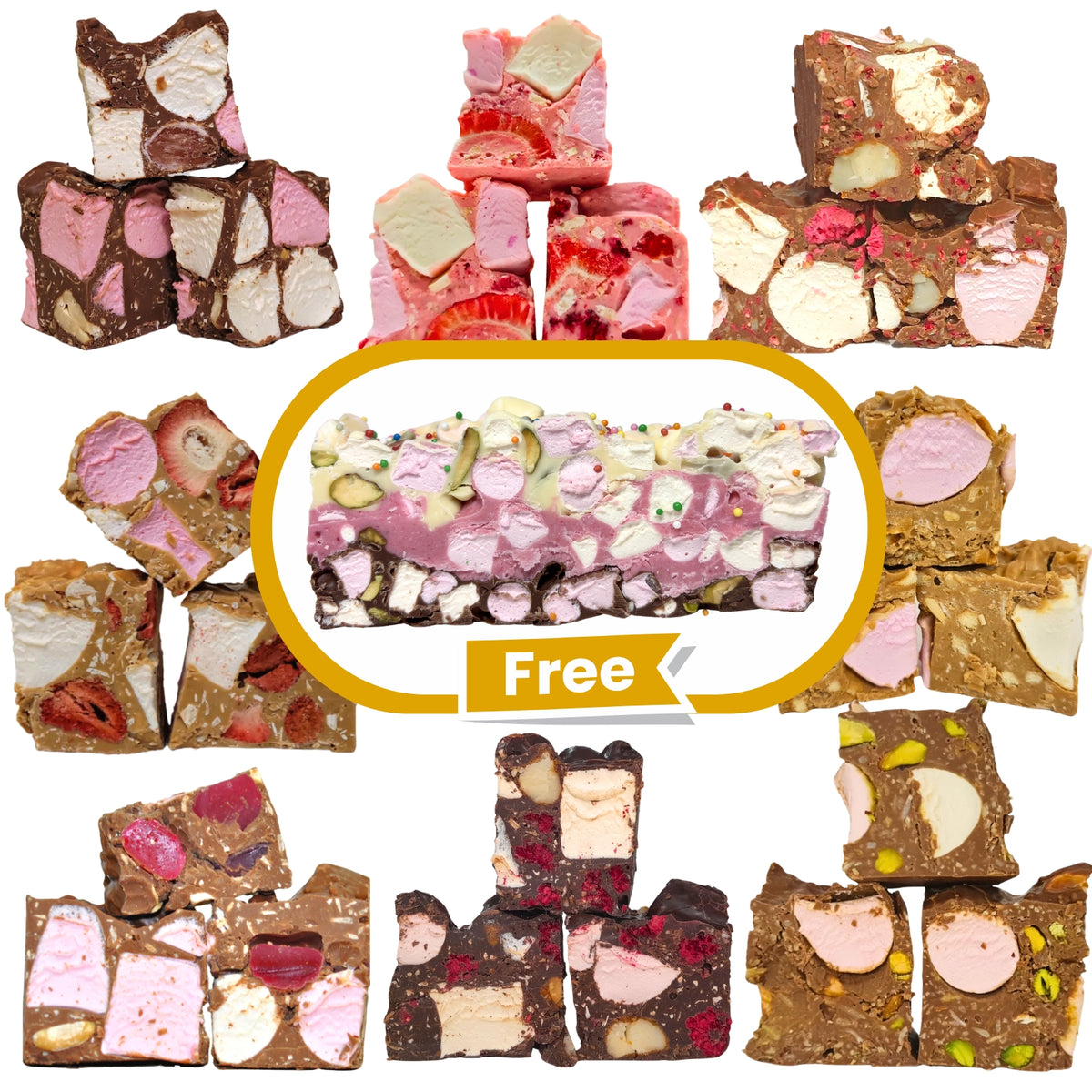 Assorted rocky roads with a free neapolitan rocky road highlighted on a white background
