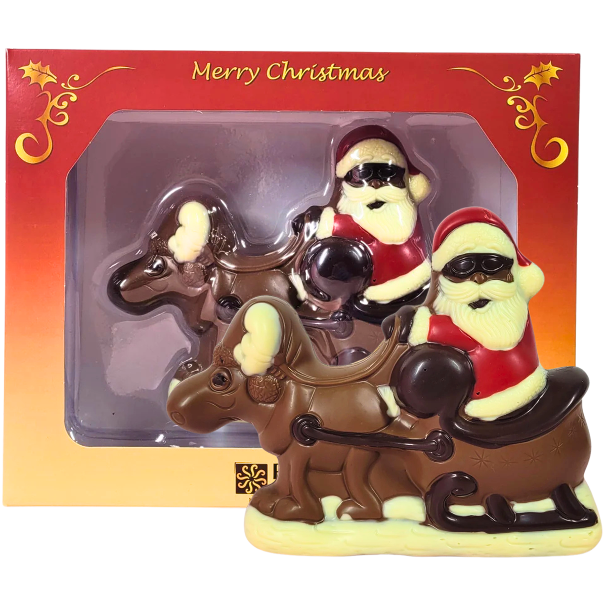 Milk chocolate Santa with a reindeer and sleigh, displayed in front of its red and gold Christmas gift box.