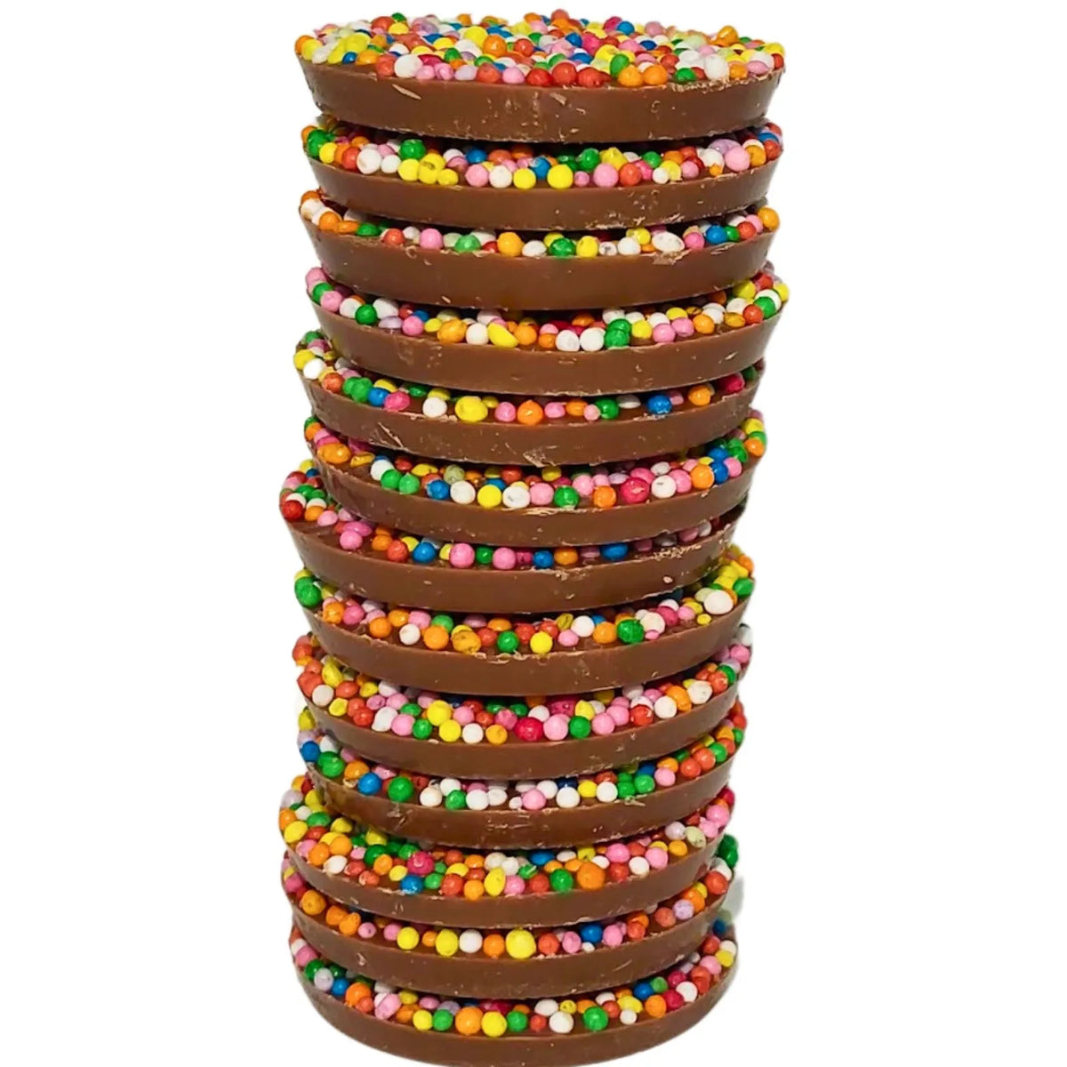 A tall stack of chocolate-covered pretzel rods, each topped with colorful round sprinkles, isolated on a white background.