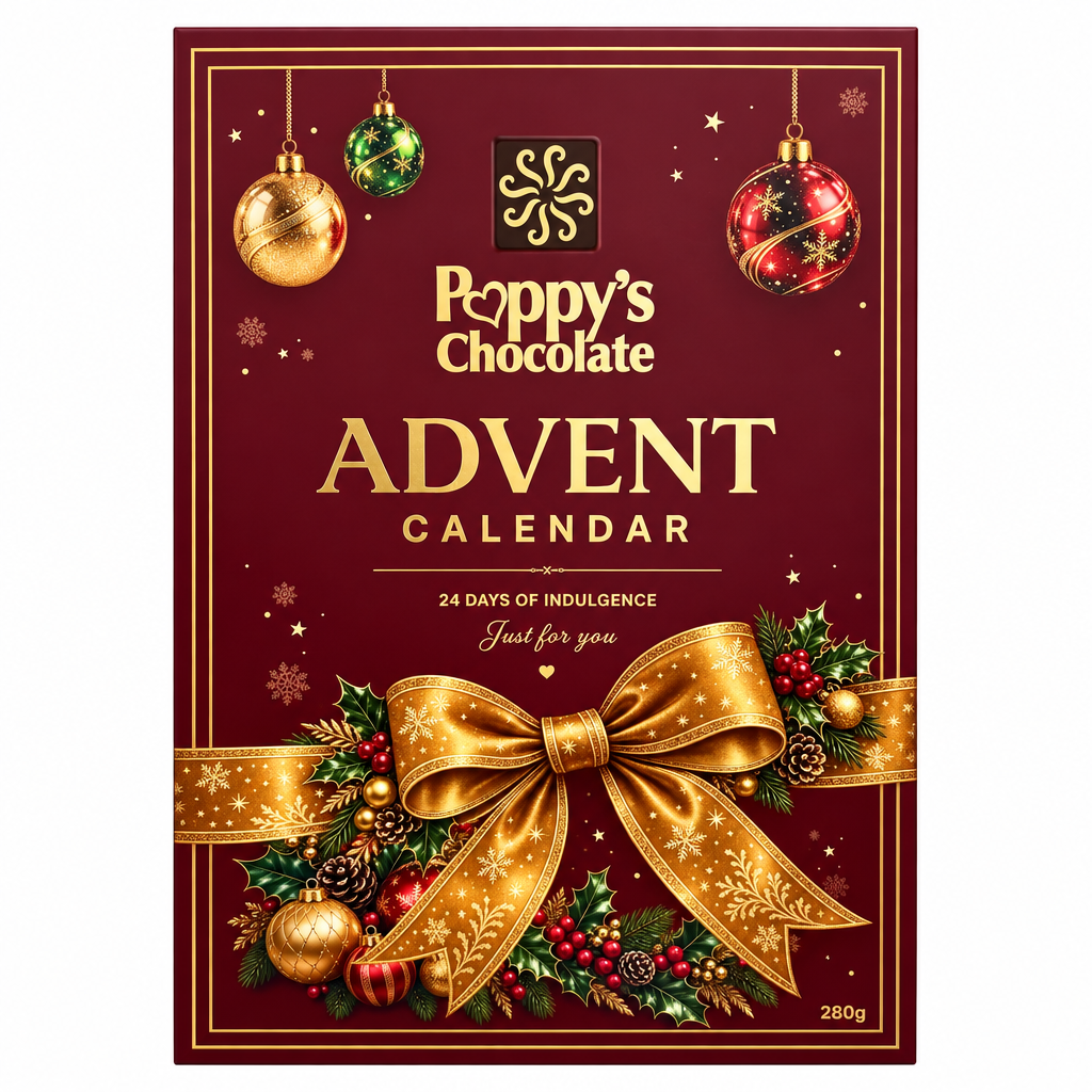 Poppy's Chocolate Advent Calendar box in deep burgundy with gold lettering, hanging ornaments, a large gold ribbon bow, and Christmas greenery and berries at the bottom.