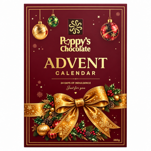 Poppy's Chocolate Advent Calendar box in deep burgundy with gold lettering, hanging ornaments, a large gold ribbon bow, and Christmas greenery and berries at the bottom.