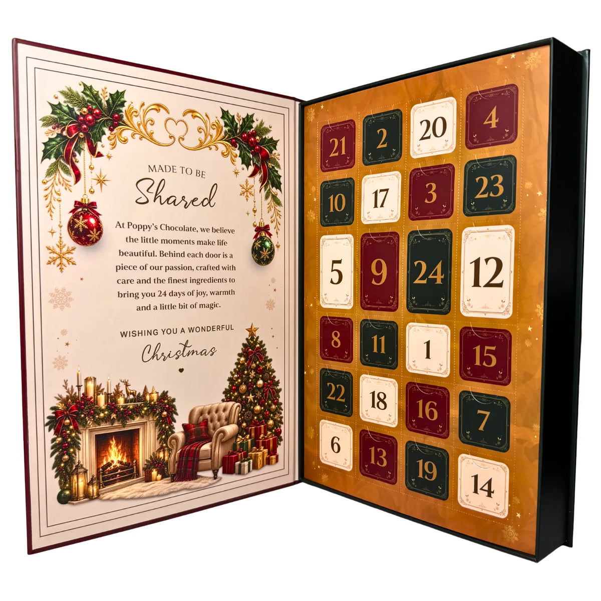 Poppy’s Chocolate Christmas Advent Calendar featuring 24 numbered doors in a luxurious hard case