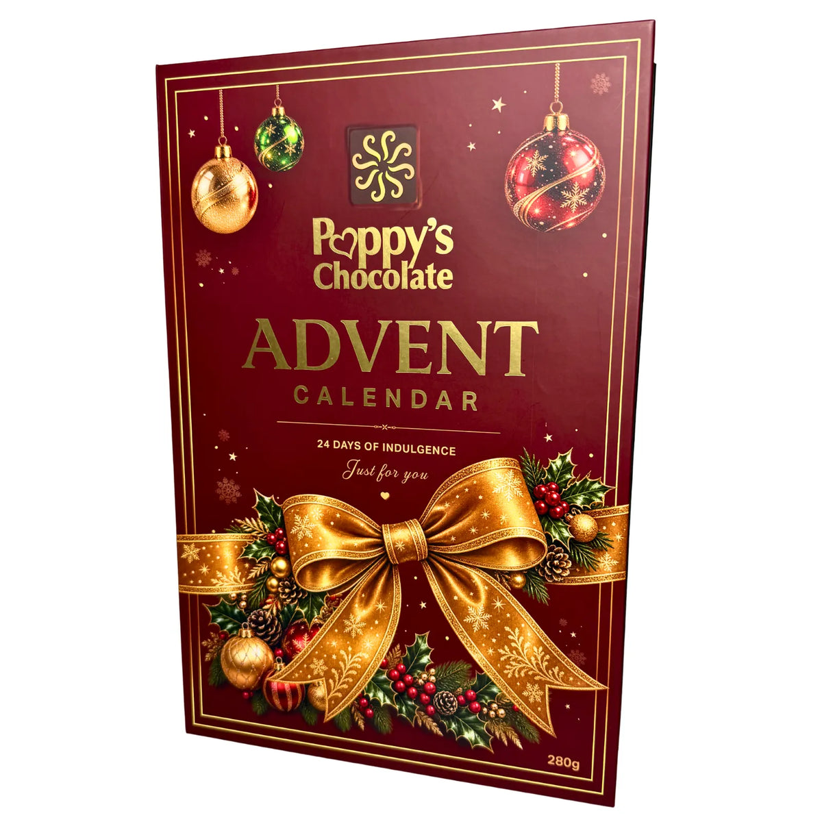 Poppy’s Chocolate Christmas Advent Calendar featuring 24 numbered doors in a luxurious hard case