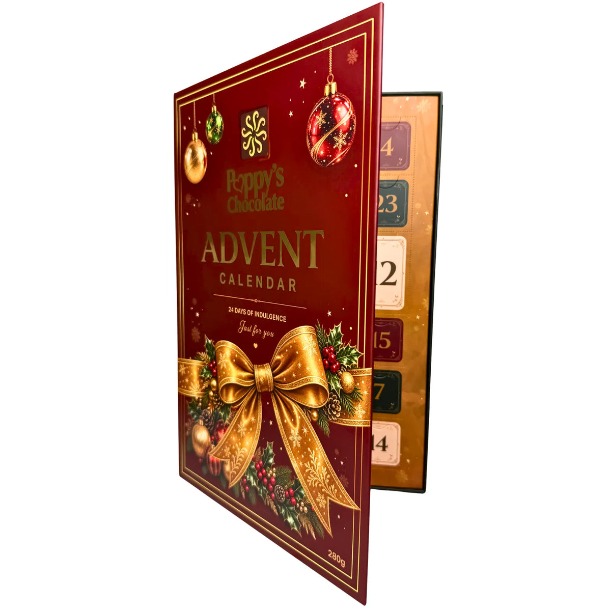 Poppy’s Chocolate Christmas Advent Calendar featuring 24 numbered doors in a luxurious hard case