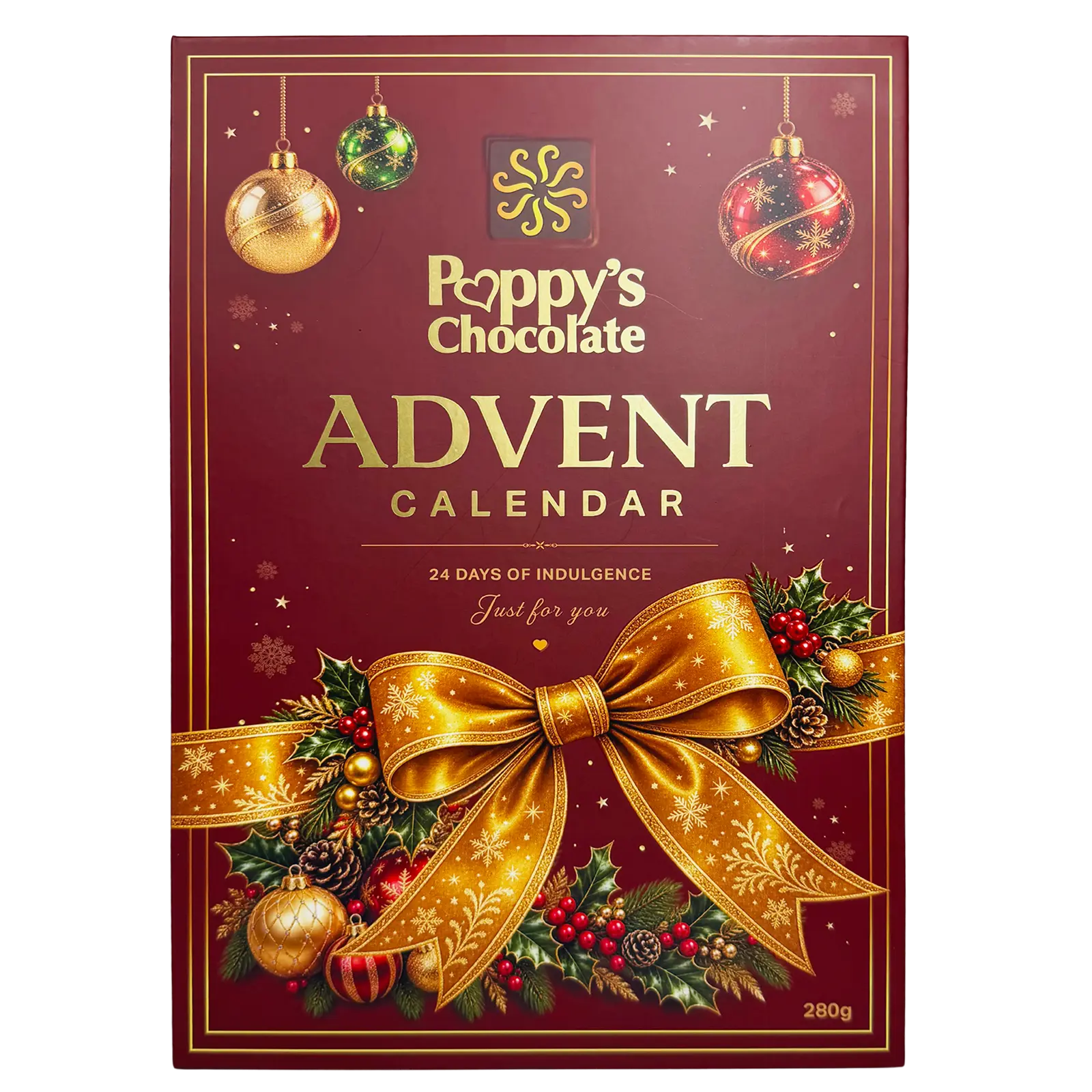 Poppy’s Chocolate Christmas Advent Calendar featuring 24 numbered doors in a luxurious hard case