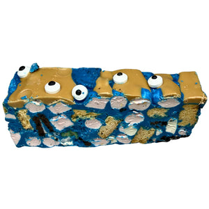 Bikkie Monster blue Halloween rocky road with Oreo pieces, shortbread, marshmallows and monster eyes, handcrafted by Poppy’s Chocolate.