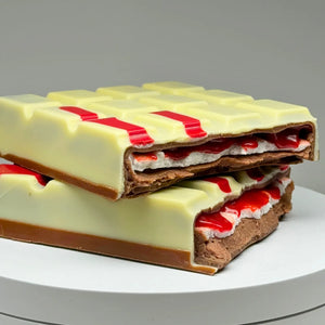 Blood Moon Bliss Block featuring a milk and white chocolate shell with red detailing, revealing layers of red salted caramel, fluffy marshmallow and raspberry milk chocolate ganache.