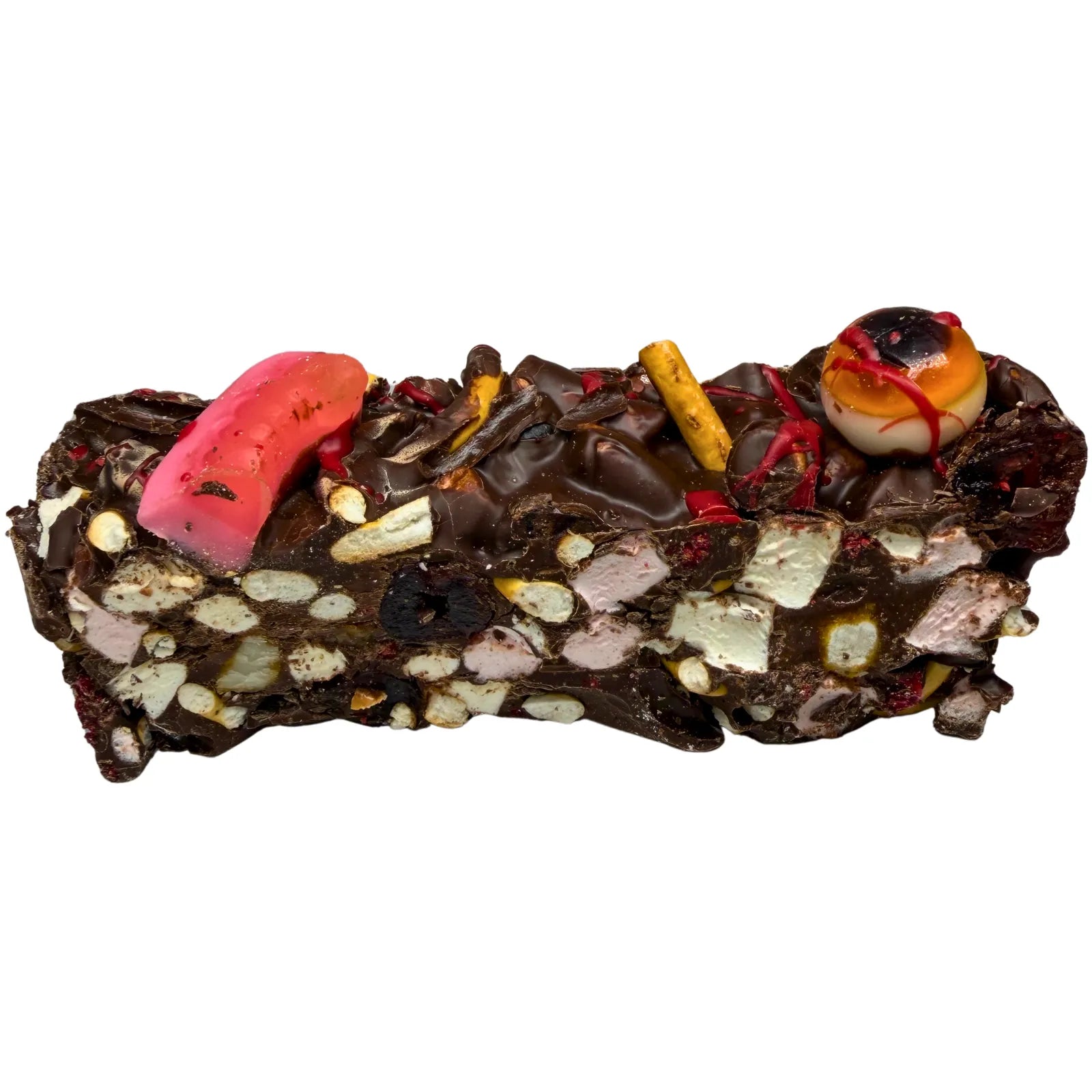 Graveyard Rocky Road made with milk and dark chocolate, crunchy pretzels, glacé cherries and freeze-dried raspberries, topped with spooky Halloween decorations.