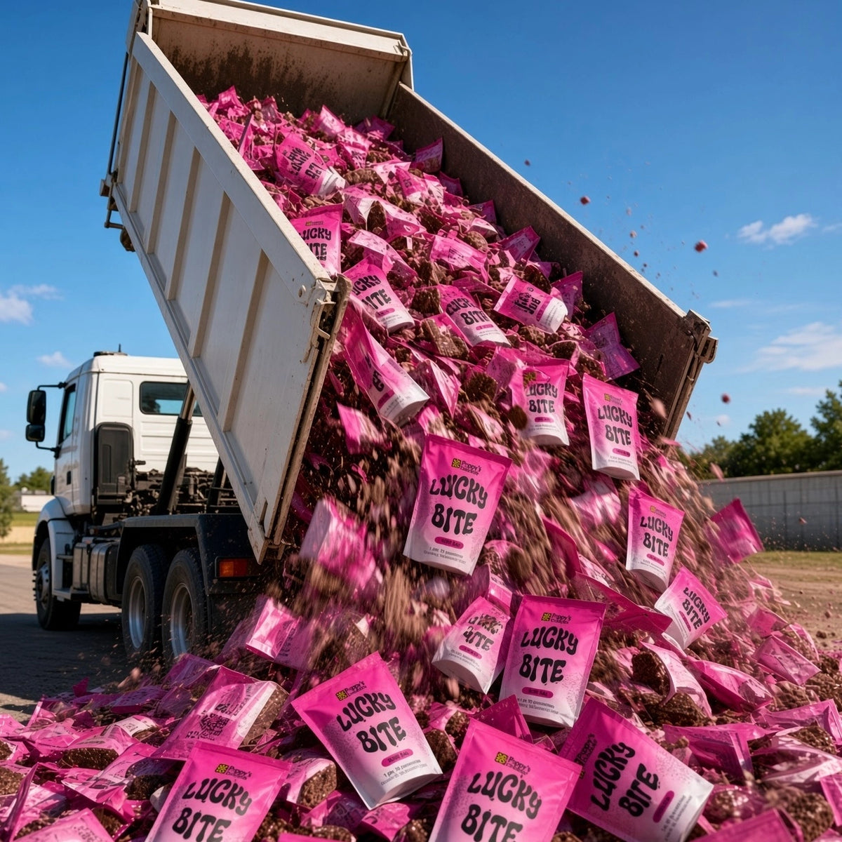 A white dump truck is shown outdoors with its bed open, pouring many bright pink bags labeled 'LUCKY BITE' over loose brown material under a blue sky.
