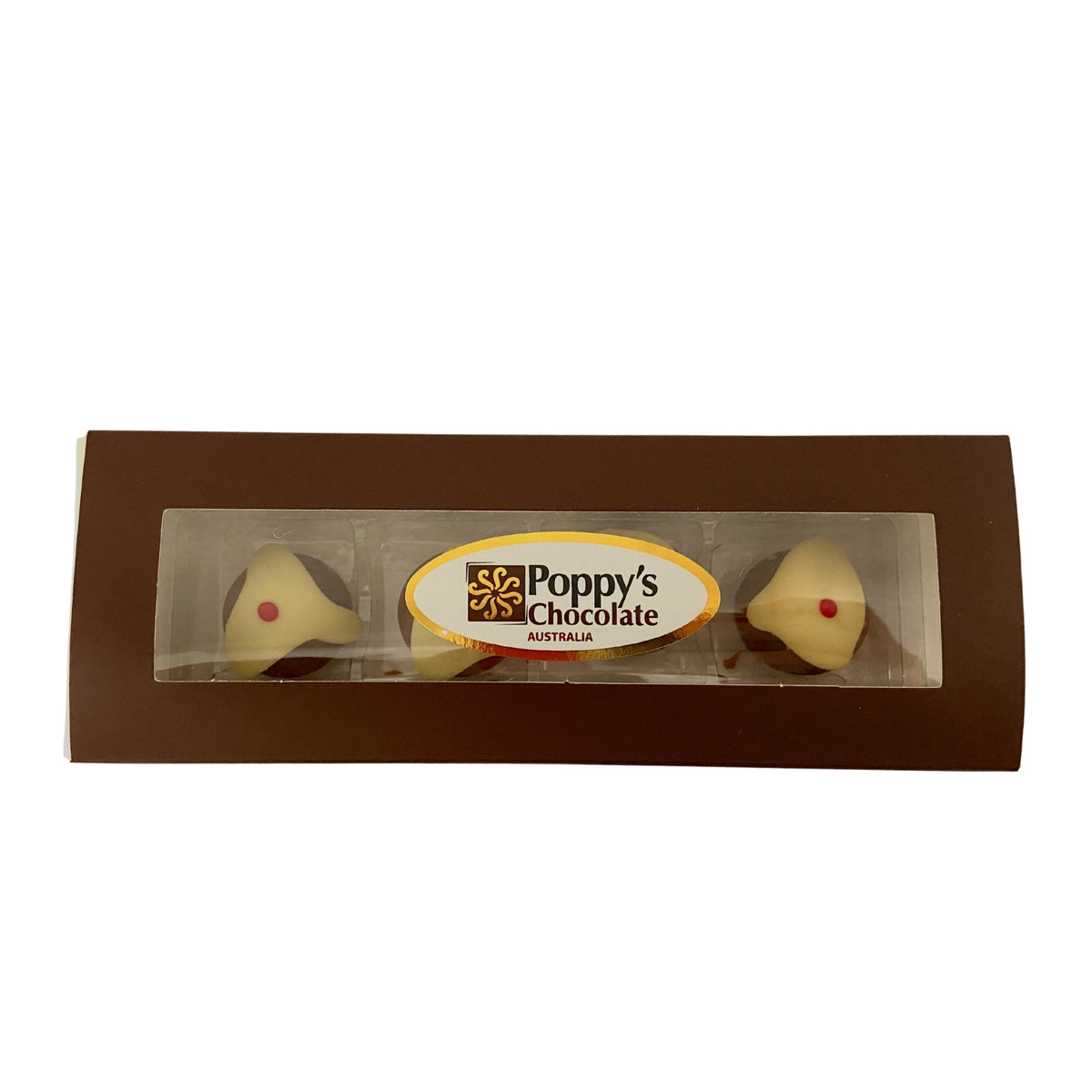 A rectangular box, labeled Poppy&#39;s Chocolate from Australia, contains four Christmas bell-shaped truffles featuring a white coating with red accents. These gluten-free chocolates boast a milk chocolate ganache center. The box is brown and includes a clear window section for display.
