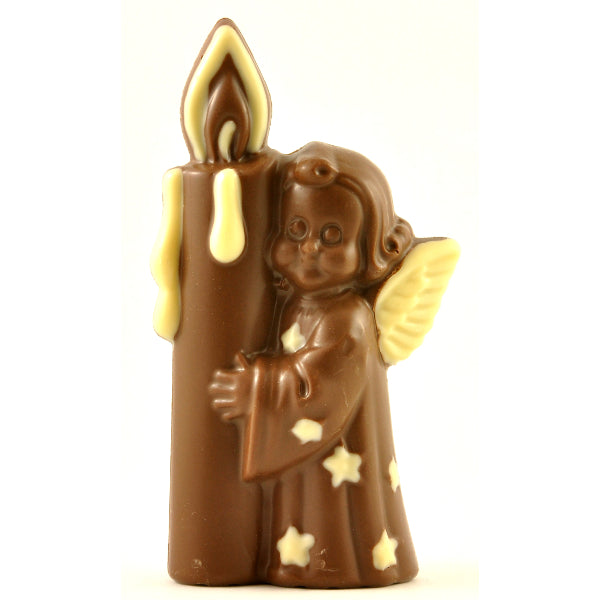 A chocolate figurine of an angel holding a candle, positioned in front of its packaging box with 'Poppy's Chocolate' branding.