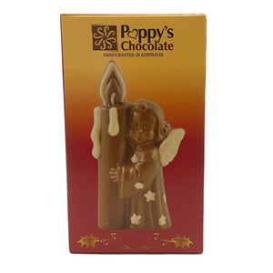 A chocolate figurine of an angel holding a candle, positioned in front of its packaging box with 'Poppy's Chocolate' branding.