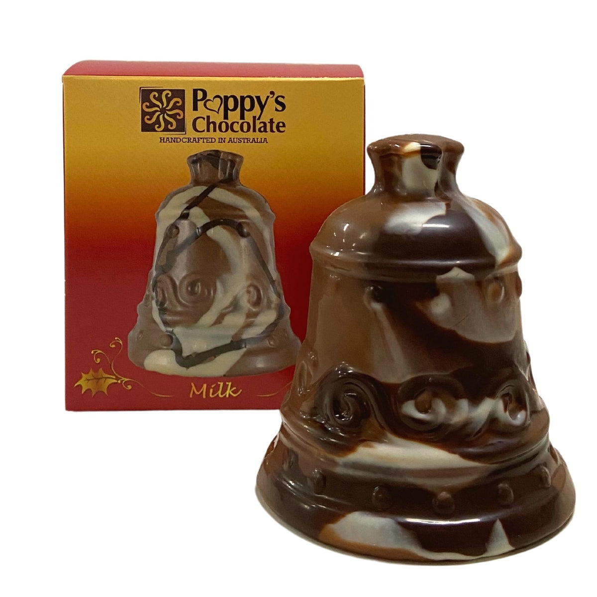 Marbled milk chocolate Christmas bell beside its red and gold Poppy’s Chocolate gift box.