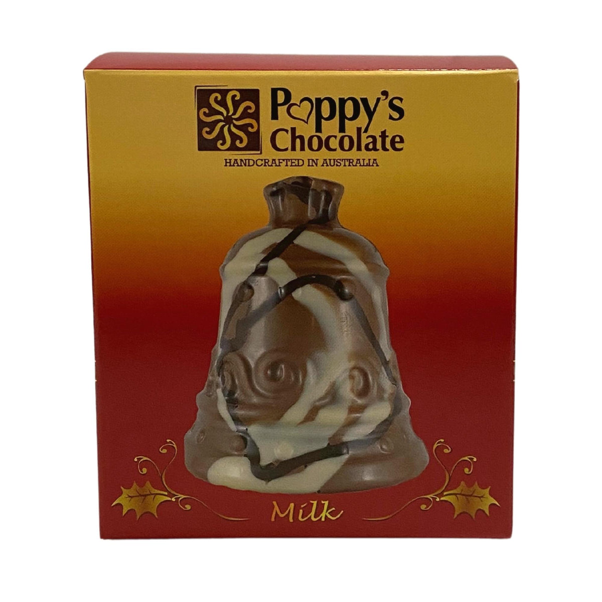 Front view of the marbled milk chocolate Christmas bell gift box.