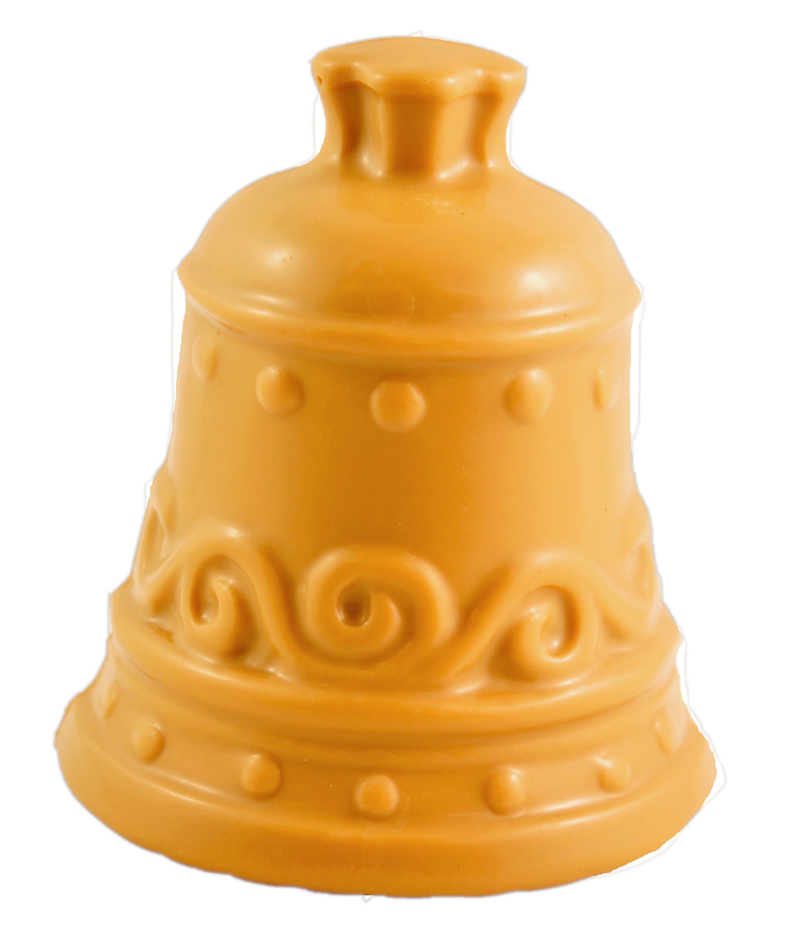Caramel chocolate Christmas bell with decorative swirls beside its red and gold Poppy’s Chocolate box.