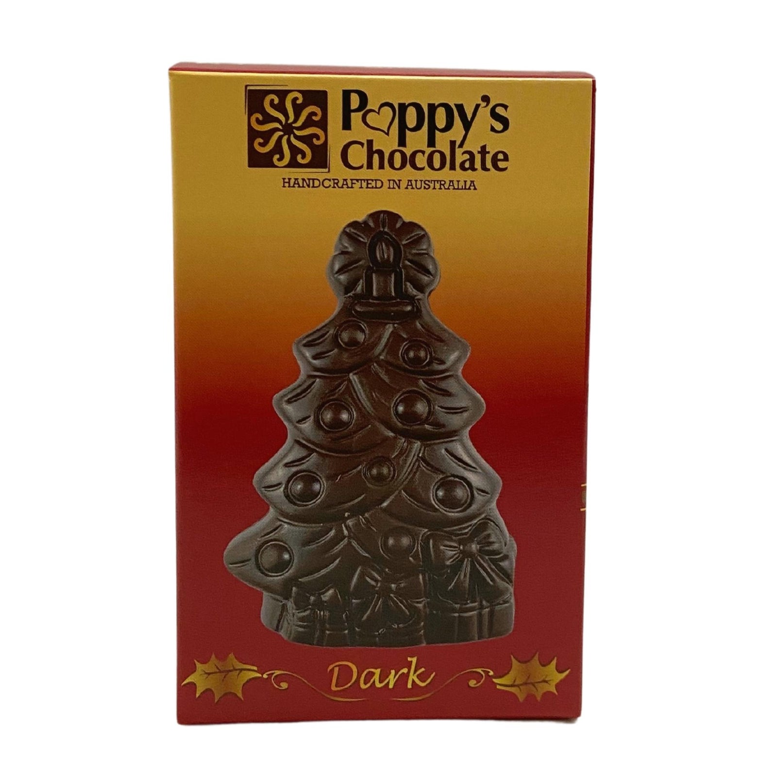 Dark chocolate Christmas tree beside its red and gold Poppy’s Chocolate gift box.