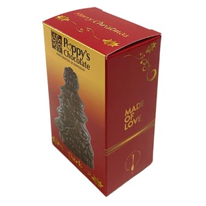 Angled view of the dark chocolate Christmas tree gift box, showing the front, side and lid.