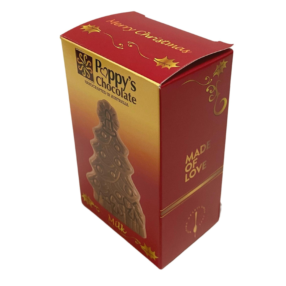 Introducing Poppy's Chocolate's Christmas Tree - Milk Chocolate, a delicious treat shaped like a Christmas tree and adorned with festive round ornaments and a candle on top. This gluten-free chocolate is beautifully embellished with bows and gift designs at its base, making it the perfect addition to your holiday chocolates collection.