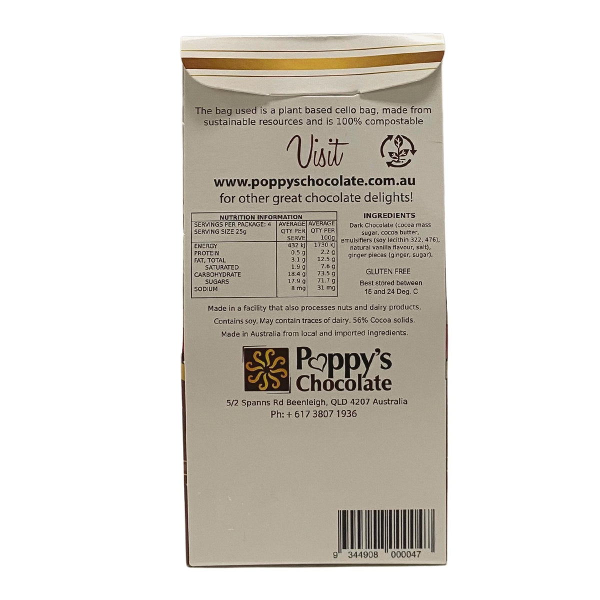 The back of the Dark Chocolate Coated Ginger 100g by Poppy's Chocolate displays nutritional information, ingredients, and contact details. This gourmet dark couverture chocolate is enhanced with ginger pieces. Crafted sustainably in Australia, the compostable packaging makes it an ideal gift for those who value both taste and environmental responsibility.