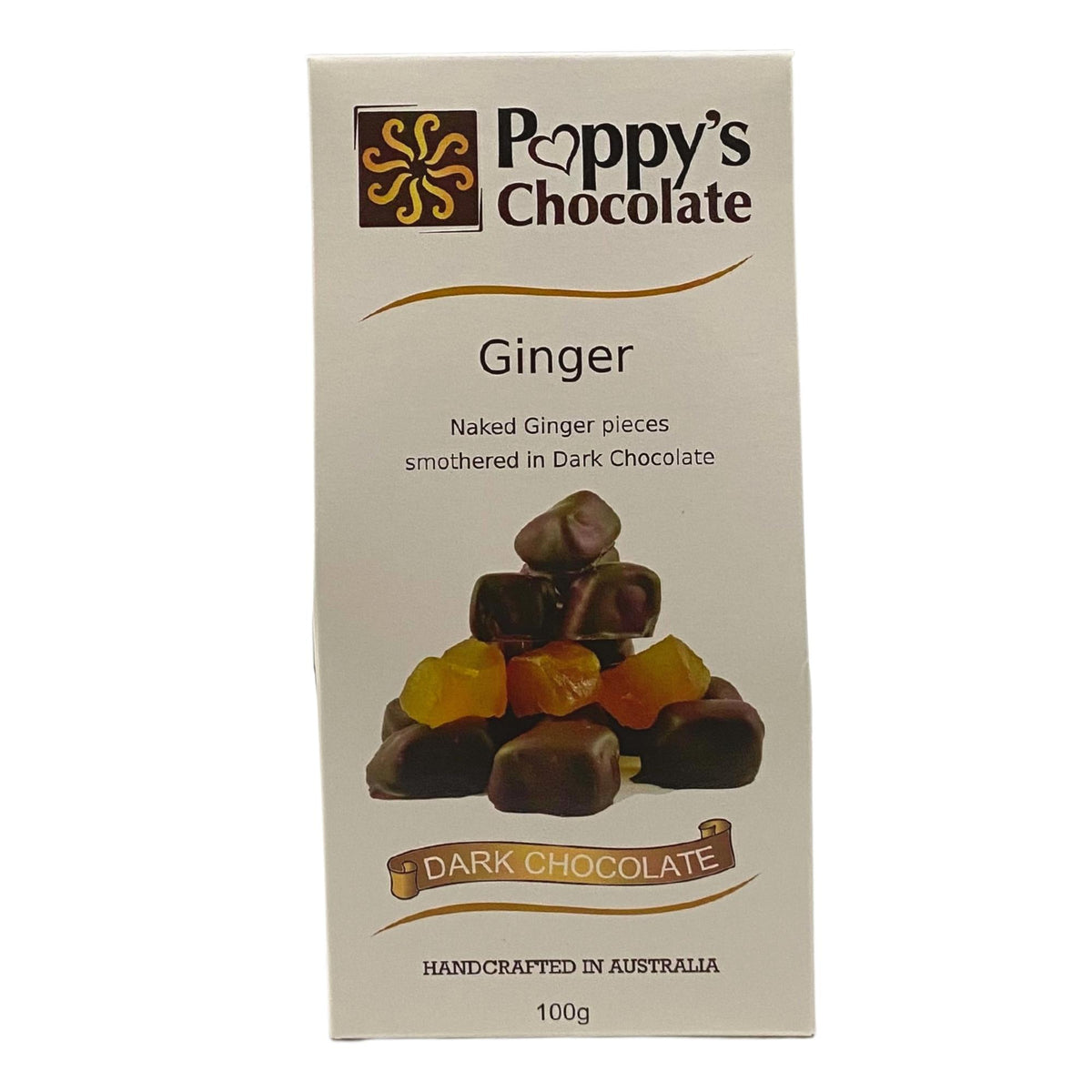 The box of Poppy's Chocolate, labeled as Dark Chocolate Coated Ginger 100g, showcases ginger pieces covered in luxurious dark couverture chocolate. Perfect for gifting, this handcrafted treat from Australia is elegantly packaged with the product name prominently displayed. The image features mouthwatering ginger pieces coated in chocolate.