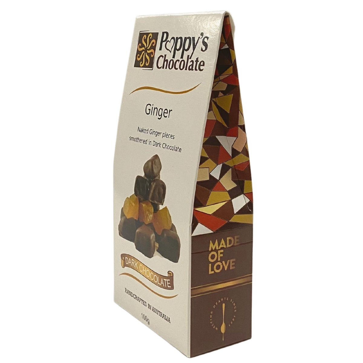 Poppy's Chocolate presents a 100g box of Dark Chocolate Coated Ginger, featuring ginger pieces enveloped in luxurious dark couverture chocolate. Its packaging is adorned with vibrant geometric patterns and the heartfelt slogan "Made of Love," making it an ideal gift for someone special.