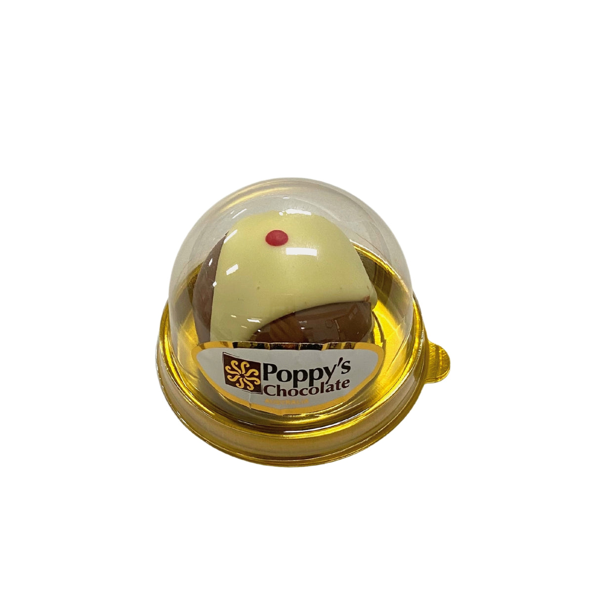 Angled view of the mini chocolate pudding in its clear dome gift packaging