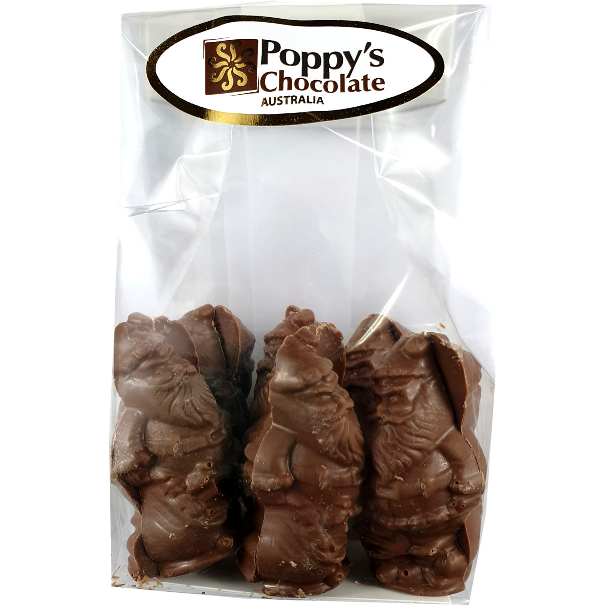 Salted Caramel Santas 12-pack in a clear Poppy’s Chocolate gift bag.
