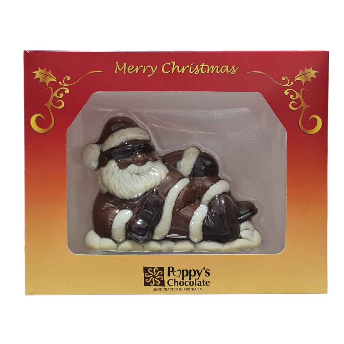 Front view of the Santa Cool &amp; Easy gift box, with the chocolate Santa visible through the clear window.