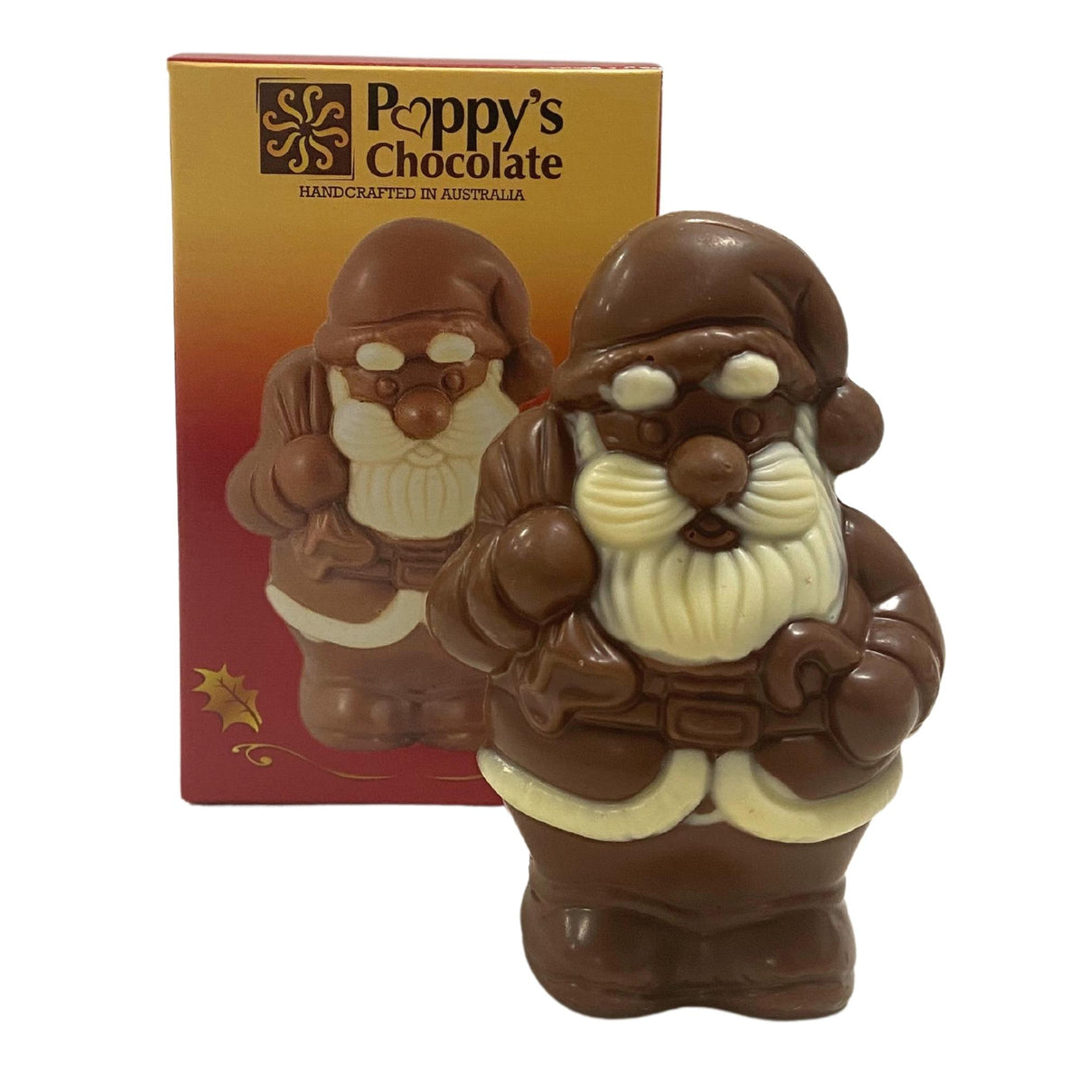 Small chocolate Santa with a bag and stick beside its red and gold Poppy’s Chocolate gift box.