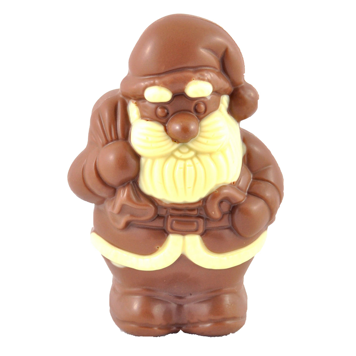 Small chocolate Santa with a bag and stick, featuring a cream-coloured beard, eyebrows and coat trim.