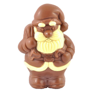 Small chocolate Santa with a bag and stick, featuring a cream-coloured beard, eyebrows and coat trim.